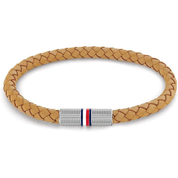 Ανδρικό βραχιόλι Tommy Hilfiger δερμάτινο σε μπεζ χρώμα με πλεκτό σχέδιο.